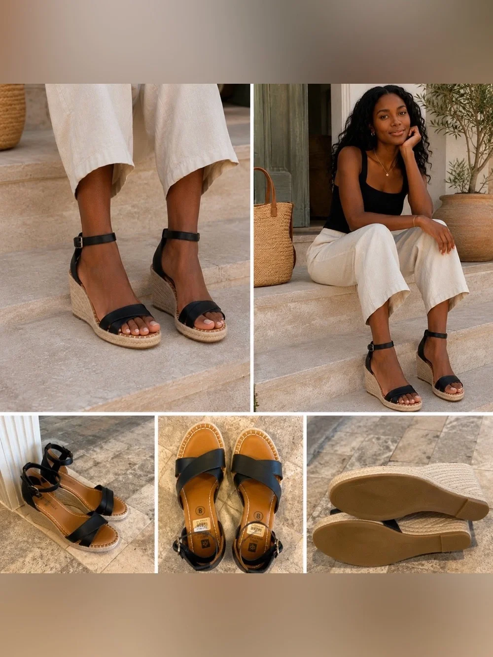 White Mountain Black Espadrille Wedge Sandals with Ankle Strap